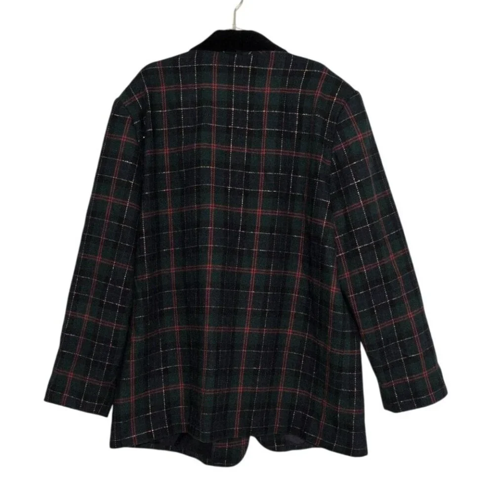 Vintage Sag Harbor Plaid Metallic Blazer Womens Size 18 Green Wool Blend Jacket